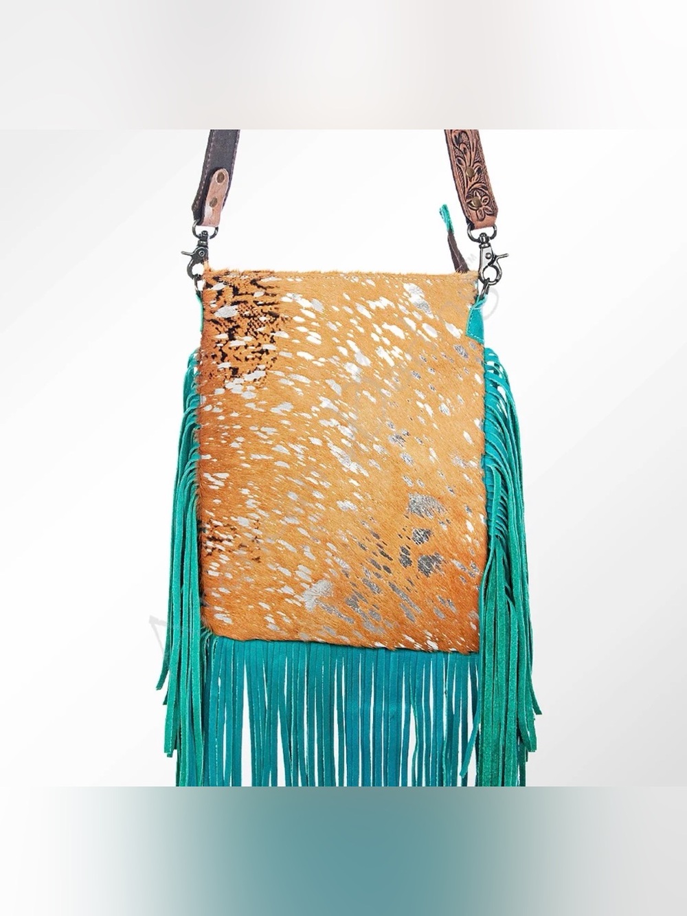 Western Bag Teal Fringe Hair-on Hide Crossbody Bag